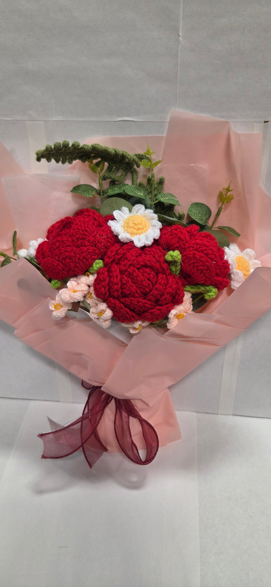 Crochet Red Carnation and Daisy Bouquet with light pink wrap