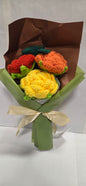 Crochet Bouquet orange red and yellow roses & forest green wrap