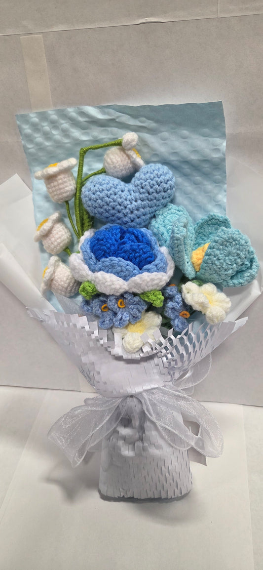 Crochet Blue Heart and Rose Bouquet with white daisies & blue wrap