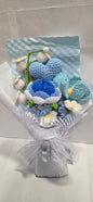 Crochet Blue Heart and Rose Bouquet with white daisies & blue wrap