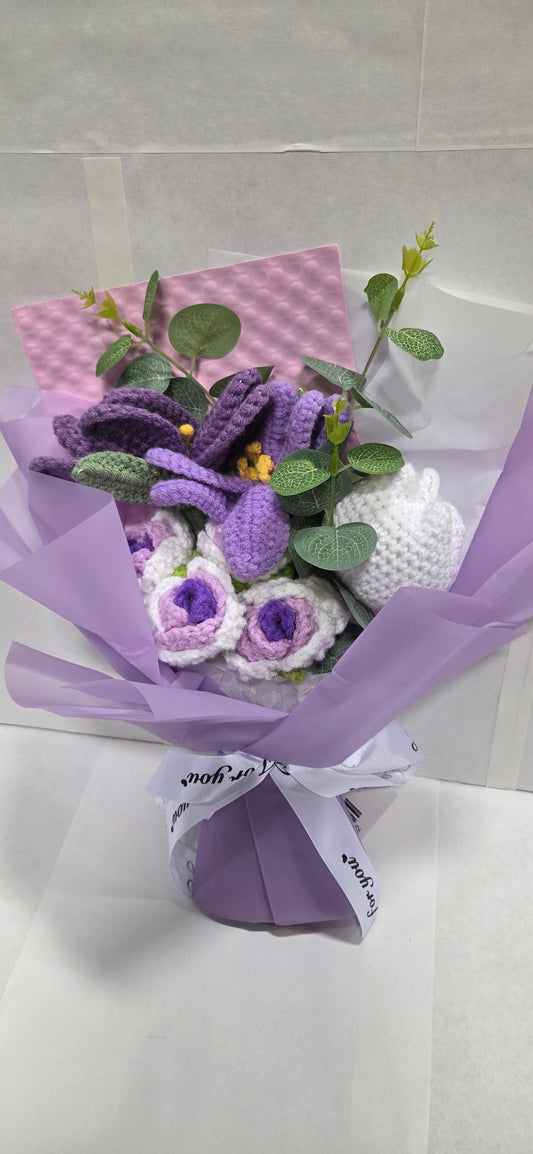Crochet Lavender Lily and White Berry Bouquet with purple wrap
