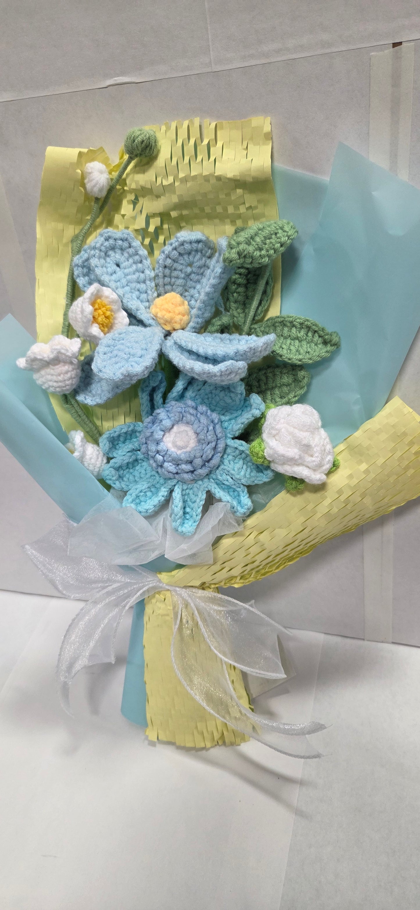 Crochet Mint Rose Bouquet with mint & yellow wrap
