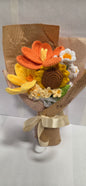 Crochet Sunflower and Orange Tulip Bouquet with brown kraft paper & tan mesh wrap
