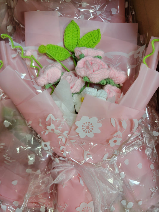 White Tanya Bouquet with Pink and White Crochet Roses