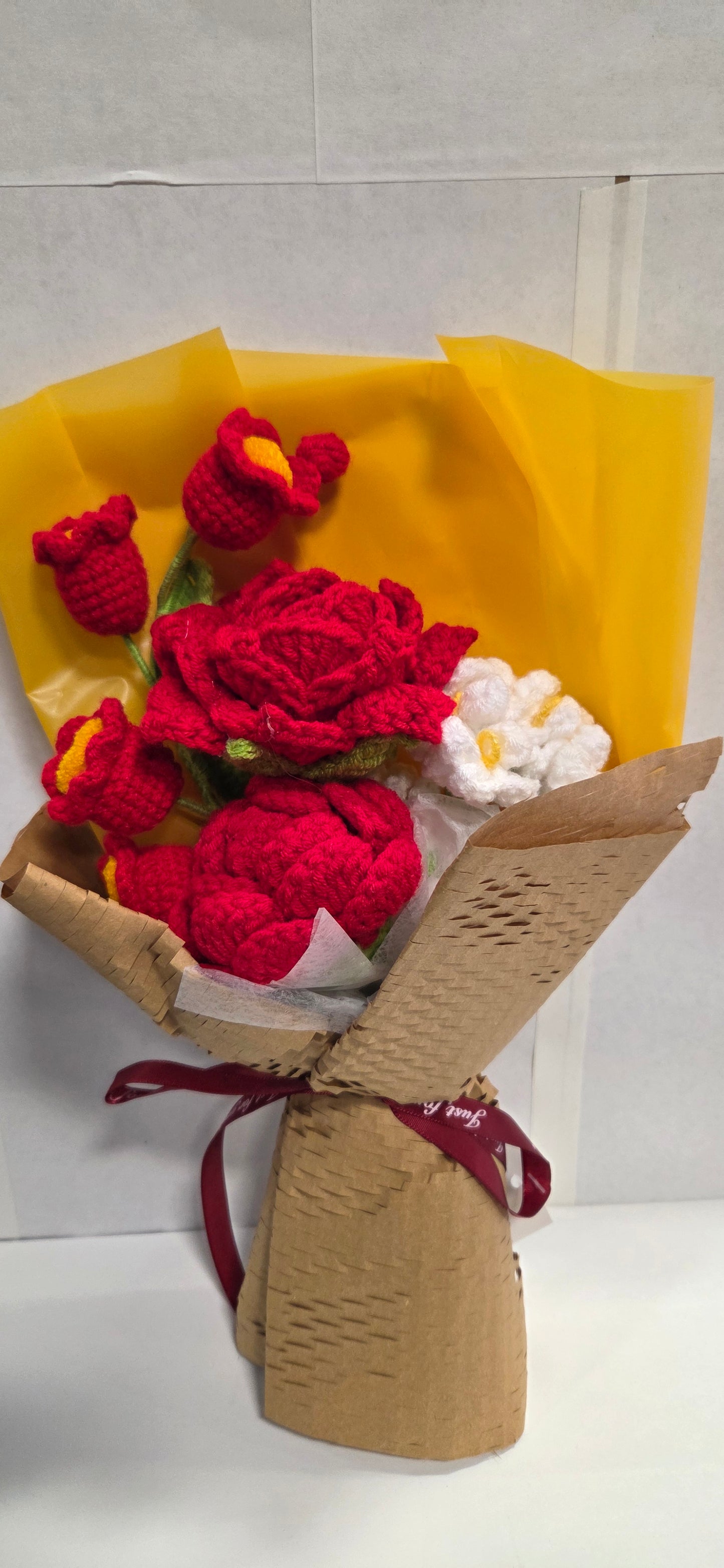 Crochet Red Rose and Daisy Bouquet with tan paper & mesh wrap