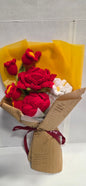 Crochet Red Rose and Daisy Bouquet with tan paper & mesh wrap