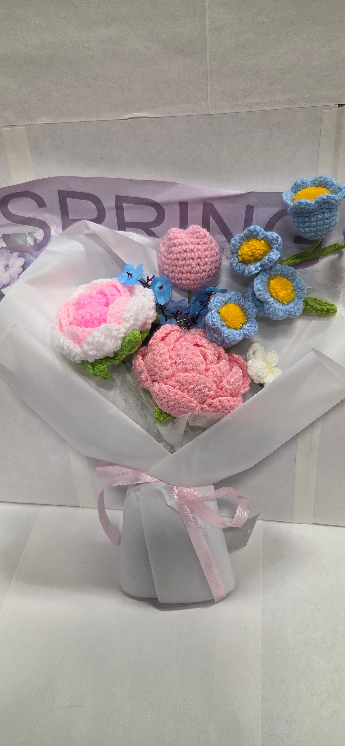Crochet Pink and Blue Rose Bouquet with mint wrap