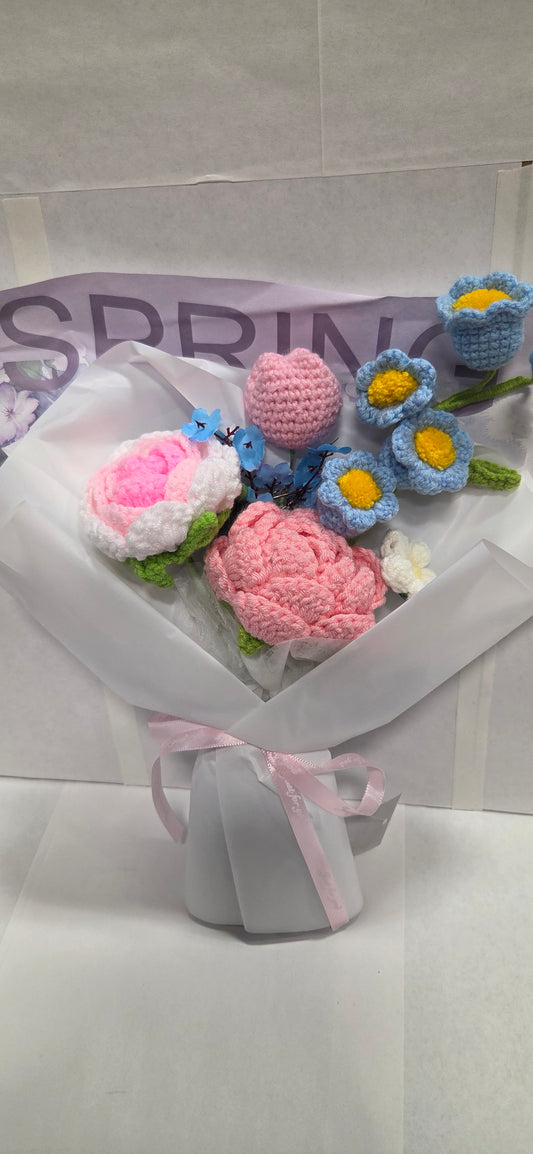 Crochet Pink and Blue Rose Bouquet with mint wrap