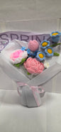 Crochet Pink and Blue Rose Bouquet with mint wrap