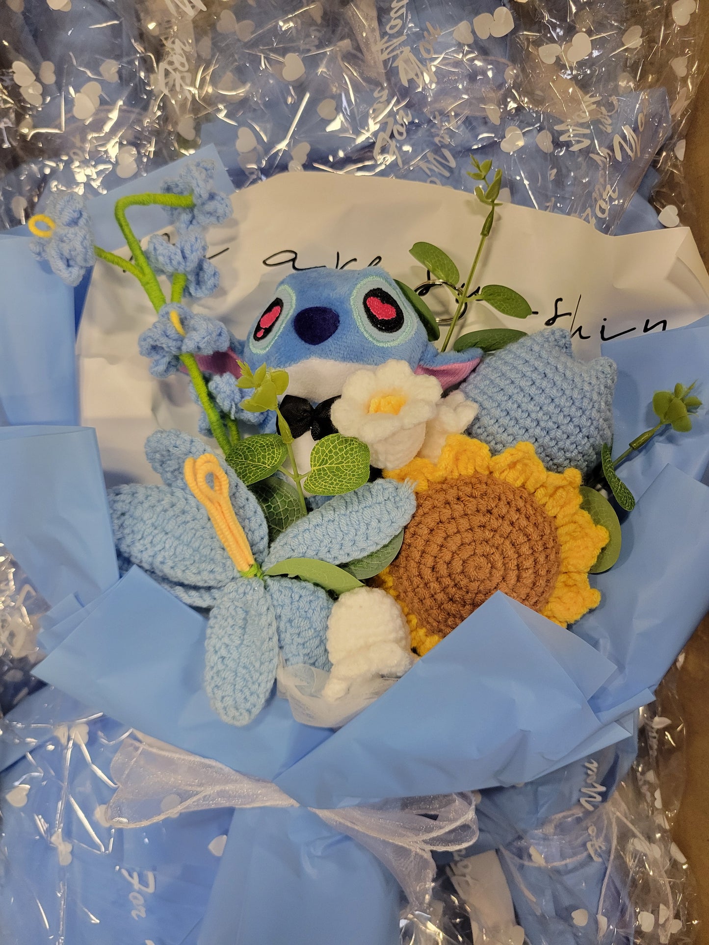 Blue Stitch Bouquet with Blue Flowers and Sunflower