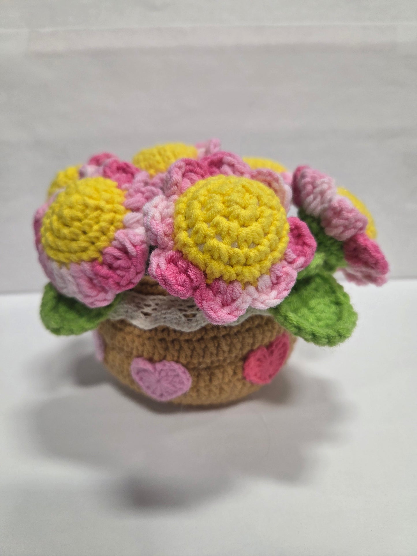 Crochet Pink and Yellow Sunflower Pot