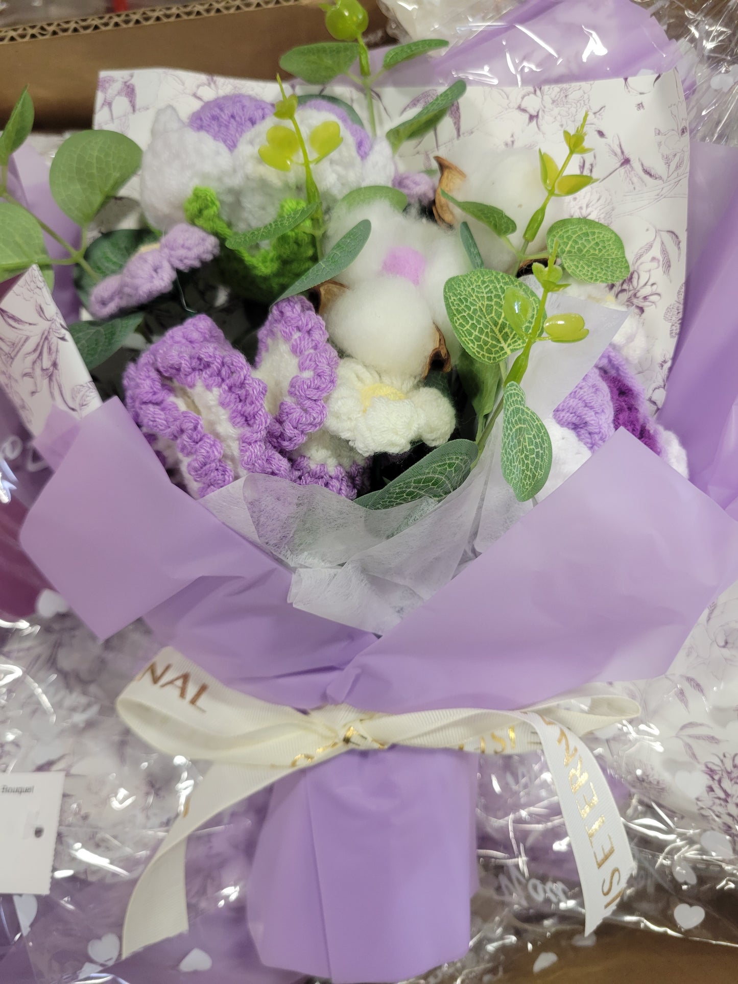 Crochet Purple and White Rose Bouquet