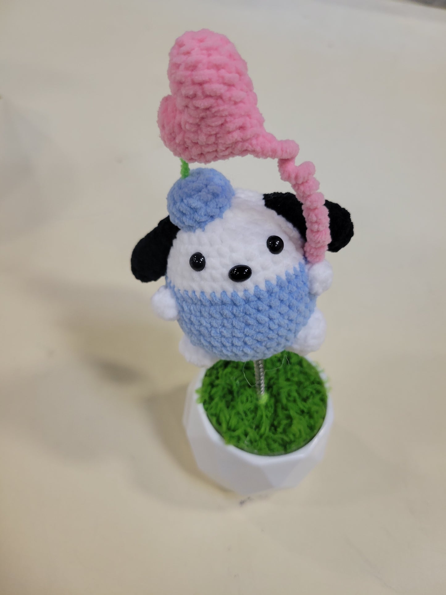 Dog ina blue suit Pot with Pink Heart