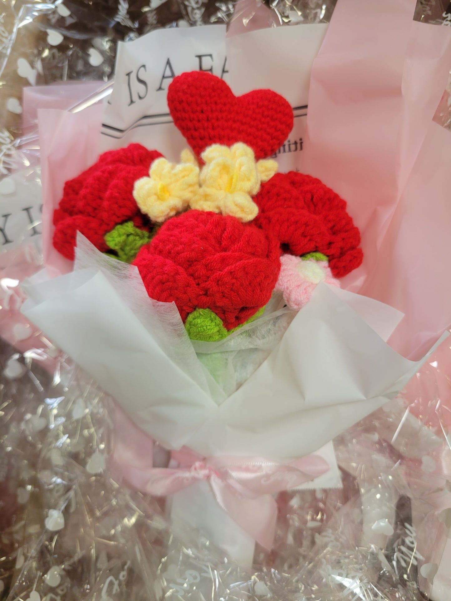 White Tanya Bouquet with Red Crochet Roses