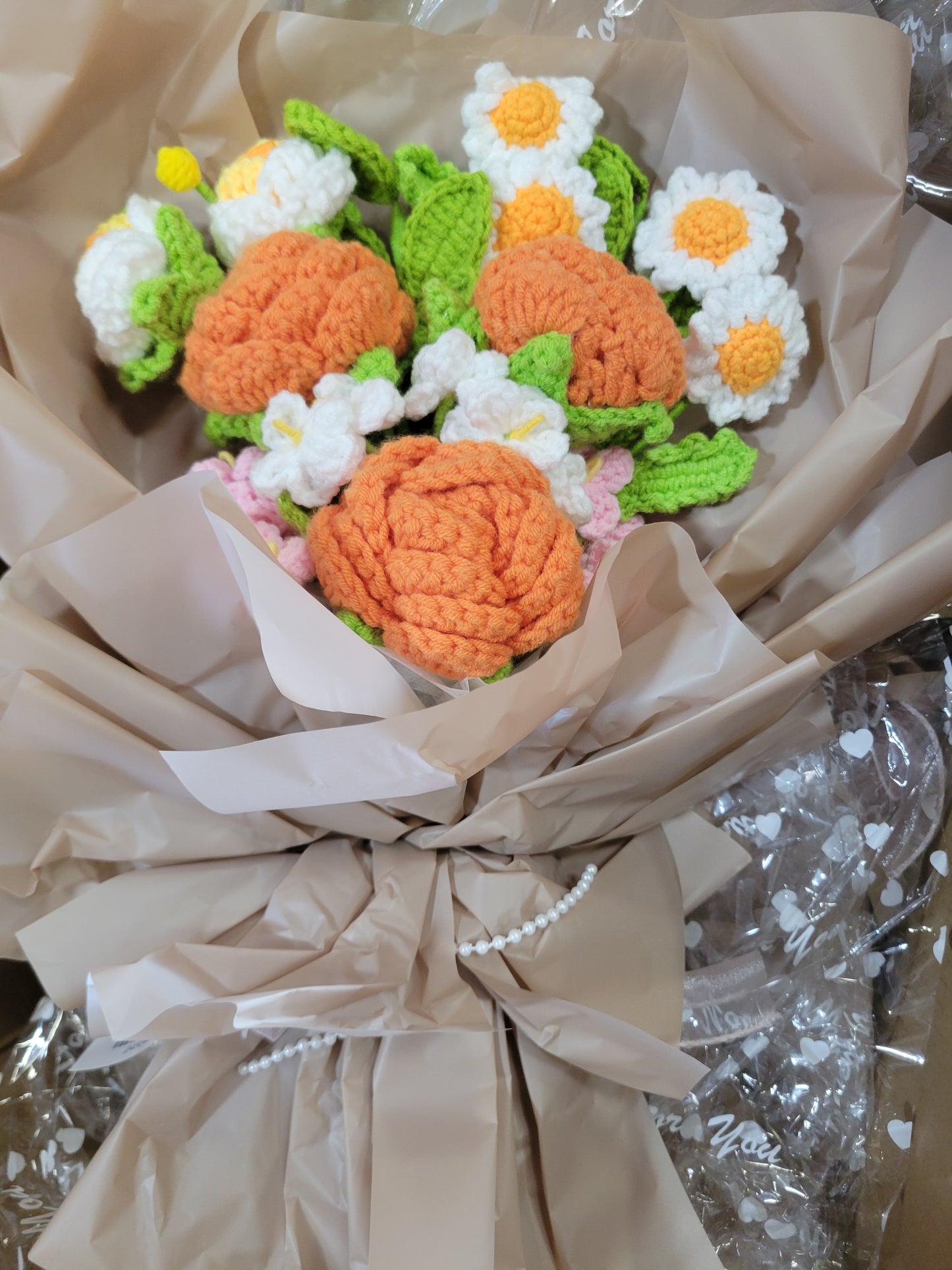 Grey Tanya Bouquet with Orange Tulips and White Daisies