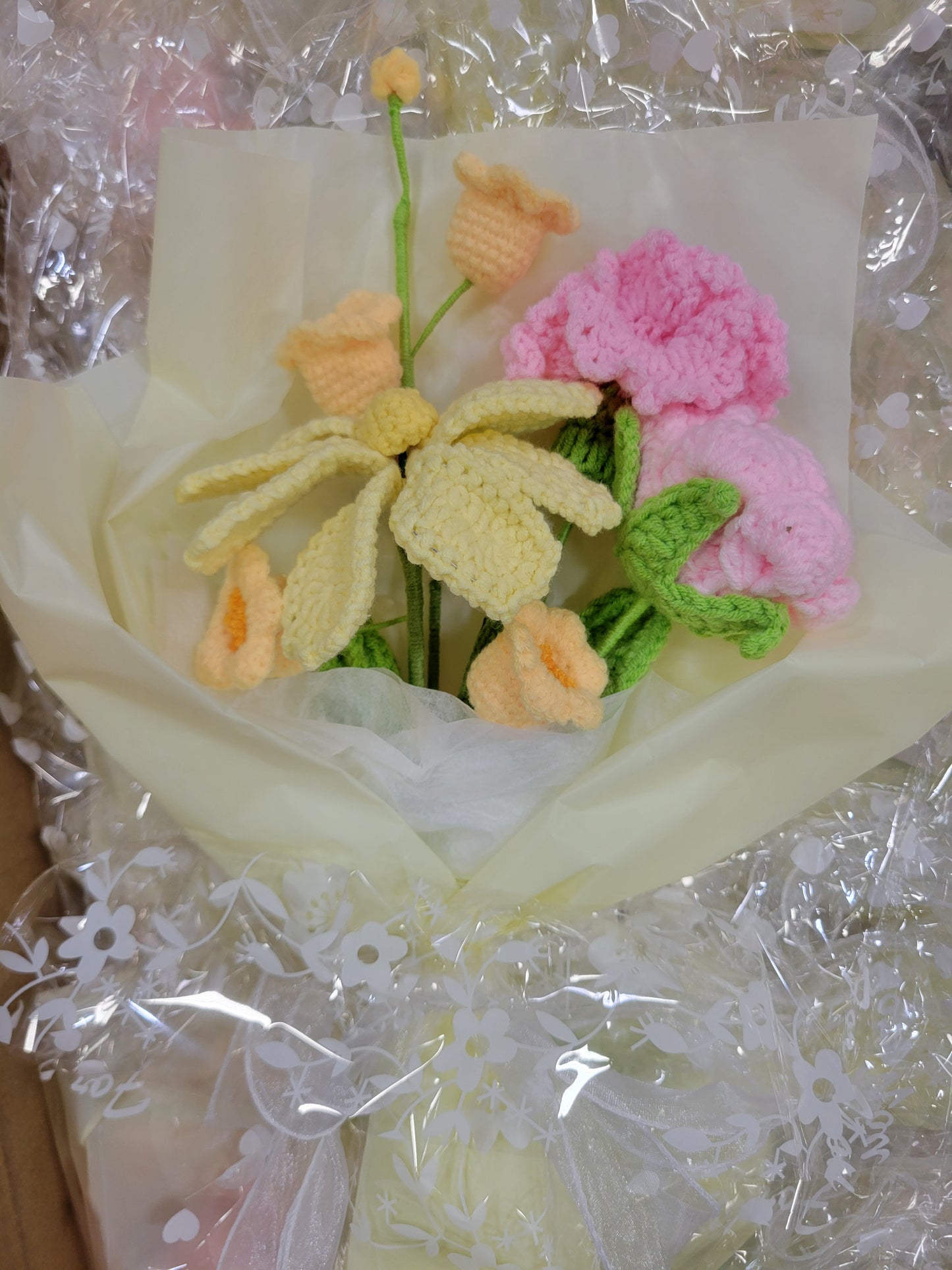 Cream Tanya Bouquet with Light Yellow Crochet Roses