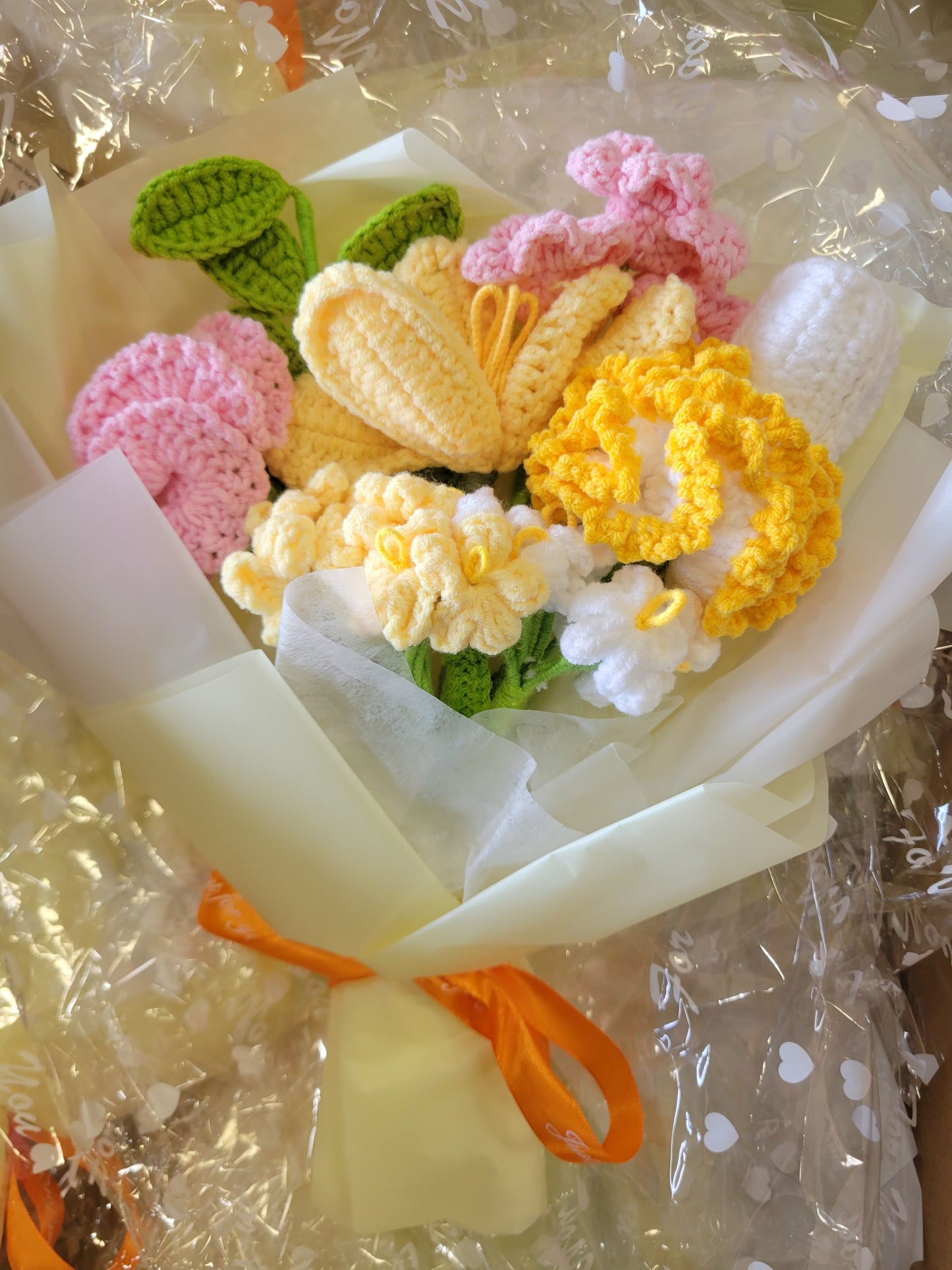 Cream Tanya Bouquet with Orange and Yellow Crochet Tulips